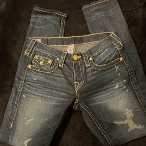 True Religion jeans, boot cut, button fly, distressed dark denim, size 26